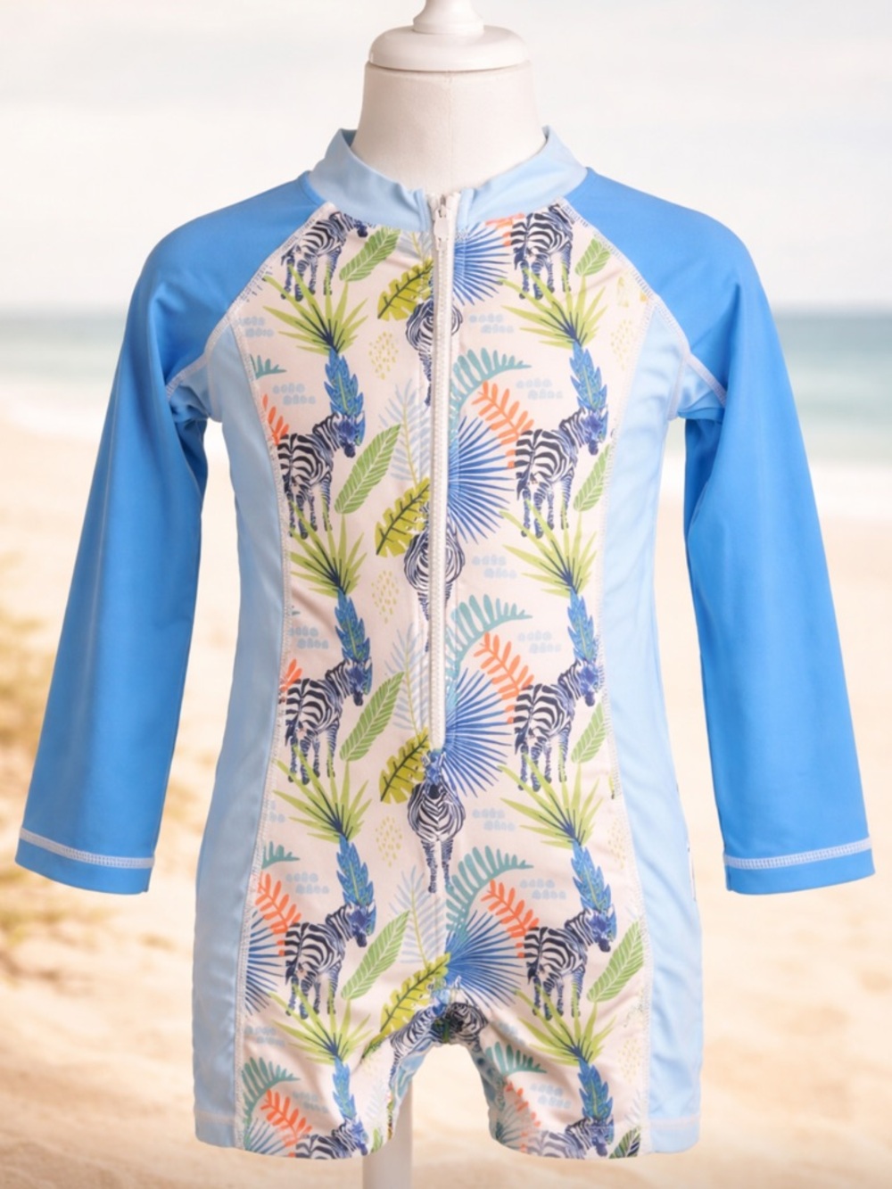 Kids Blue Long-Sleeve Zip Front Rash Guard Swimsuit size 2 sun emporium